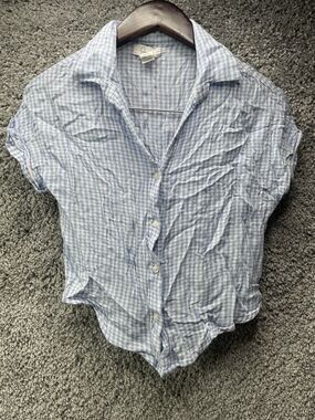 Jopna Blouse Womens Size Small Collard Short Sleeve Blue Rayon Crop Top Shirt